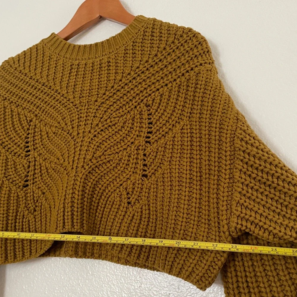 Topshop‎ Mustard Yellow Chunky Knit Cropped Sweater Pointelle Chevron Womens S
